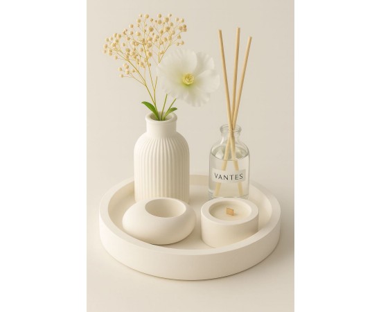 Dekoratif 5li Set Mum Çizgili Vazo Tealight mumluk ve Oda Kokusu Seti Dekoratif 5li Set Mum Çizgili Vazo Tealight mumluk ve Oda Kokusu Seti
