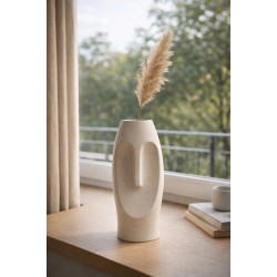 Beton Dekoratif Vazo Y&uuml;z Formu Modern B&uuml;y&uuml;k Gri Pampas Vazosu