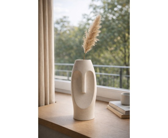 Beton Dekoratif Vazo Yüz Formu Modern Büyük Gri Pampas Vazosu Beton Dekoratif Vazo Yüz Formu Modern Büyük Gri Pampas Vazosu