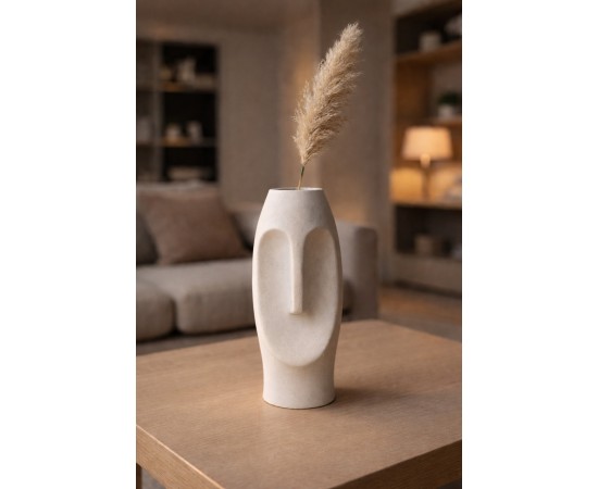 Beton Dekoratif Vazo Yüz Formu Modern Büyük Gri Pampas Vazosu Beton Dekoratif Vazo Yüz Formu Modern Büyük Gri Pampas Vazosu