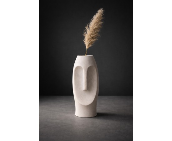 Beton Dekoratif Vazo Yüz Formu Modern Büyük Gri Pampas Vazosu Beton Dekoratif Vazo Yüz Formu Modern Büyük Gri Pampas Vazosu