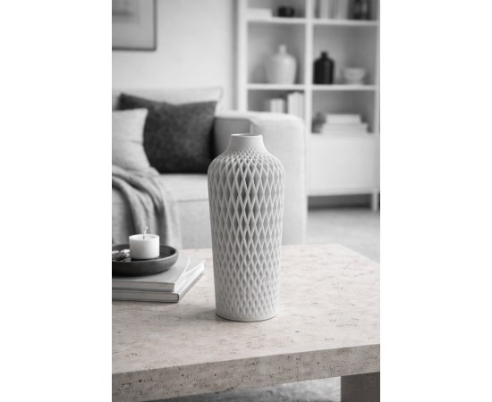 Modern Geometrik Desenli Hasır Açık Gri Dekoratif Vazo 22 cm