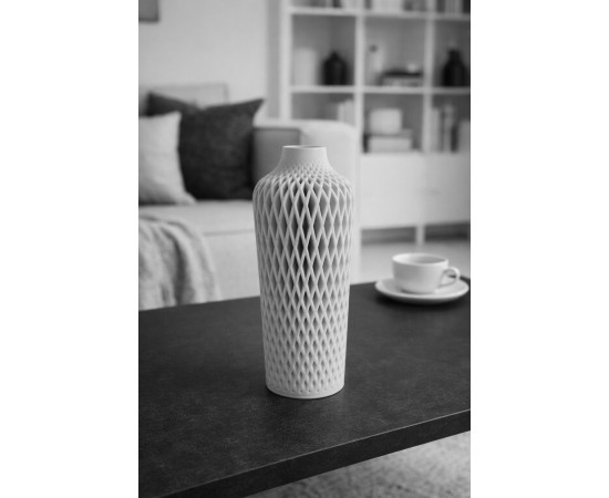 Modern Geometrik Desenli Hasır Açık Gri Dekoratif Vazo 22 cm