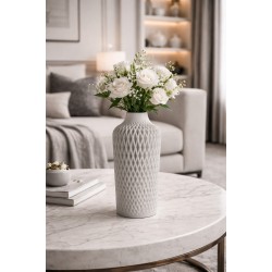 Modern Geometrik Desenli Hasır Açık Gri Dekoratif Vazo 22 cm