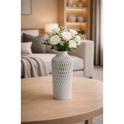 Modern Geometrik Desenli Hasır Açık Gri Dekoratif Vazo 22 cm